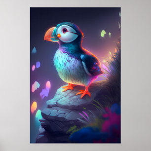 Poster Puffin Oiseau Animal Portrait Peinture Forêt Espri