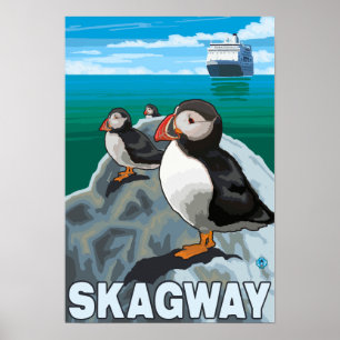 Poster Puffins et bateau de croisière - Skagway, Alaska