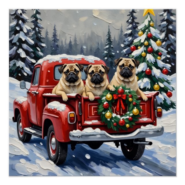 Poster Pug Christmas Red Truck Holiday (Devant)