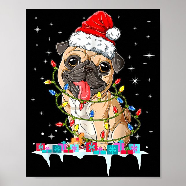 Poster Pug Christmas Tree Lights Santa Dog Xmas  (Devant)