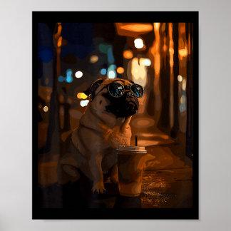 Poster Pug with iced coffee 