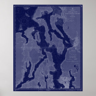 Poster Puget Sound Seattle WA Carte Carte Carte marine Bl