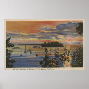 Poster Puget Sound, WA - Yacht Club Moorings au coucher d