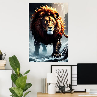Poster Puissant Lion Marchant Sur L'Eau
