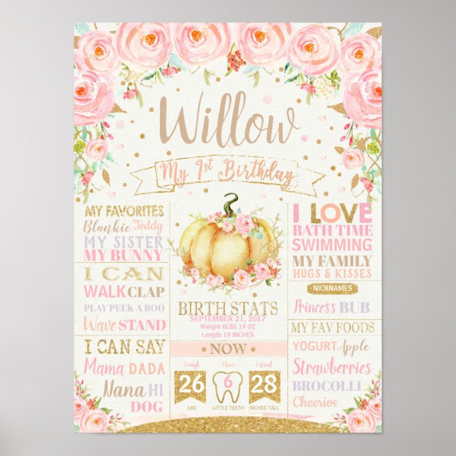 Poster Pumpkin 1st Birthday Milestones Birth Stats Sign (Devant)