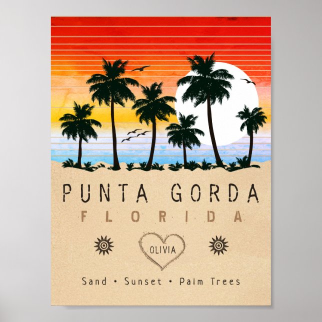 Poster Punta Gorda Florida Retro Sunset Palm tree 1960 (Devant)