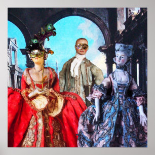 POSTER PUPPETTES ITALIENNES ANTIQUES FÊTE COSTUMÉE MASQUE