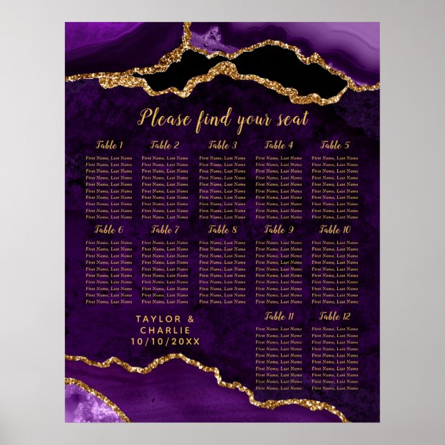 Poster Purple and Gold Agate Wedding Seating Chart (Devant)