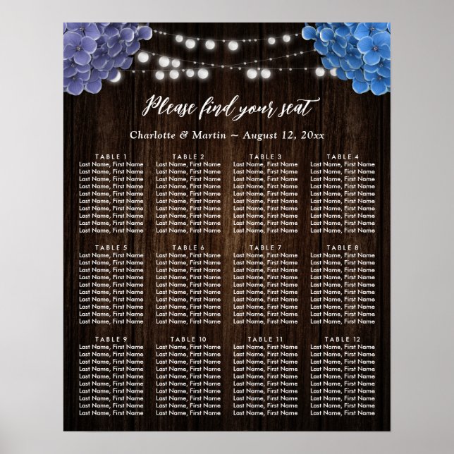 Poster Purple Blue Floral Wedding Seating Chart 12 (Devant)
