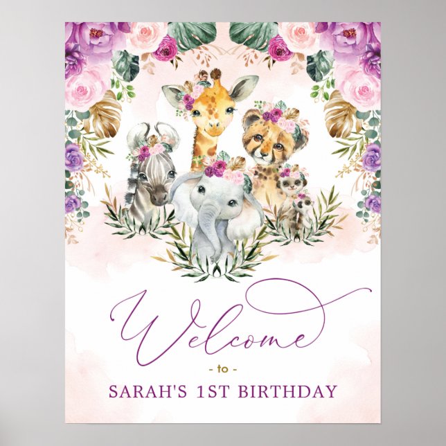 Poster Purple Blush Wild Safari Animaux Anniversaire Bien (Devant)