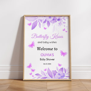 Poster Purple Butterfly Kisses Baby shower fille Bienvenu