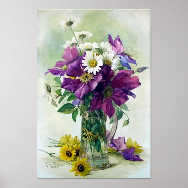 Poster Purple Clematis et White Daisies Imprimer (Devant)