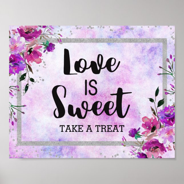 Poster Purple Floral & Argent Confetti L'amour est doux (Devant)