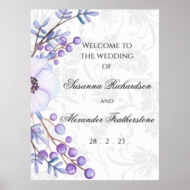 Poster Purple Floral et Elegant Mariage damassé (Devant)