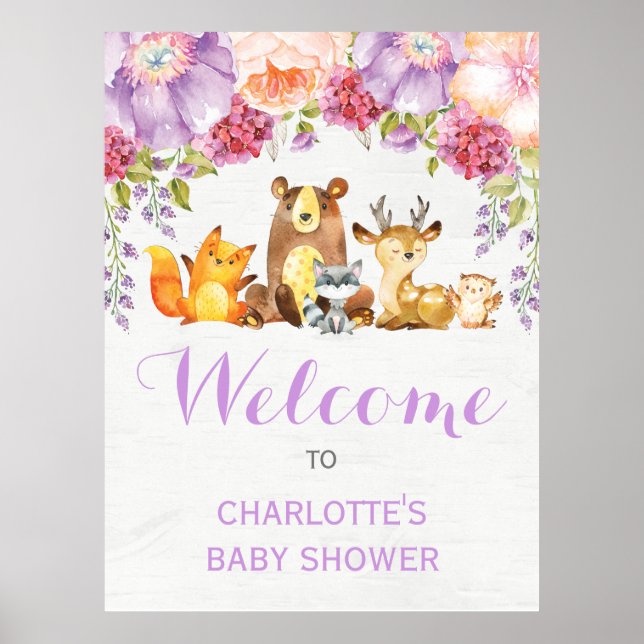 Poster Purple Floral Forêt Animaux Bébé Fille (Devant)