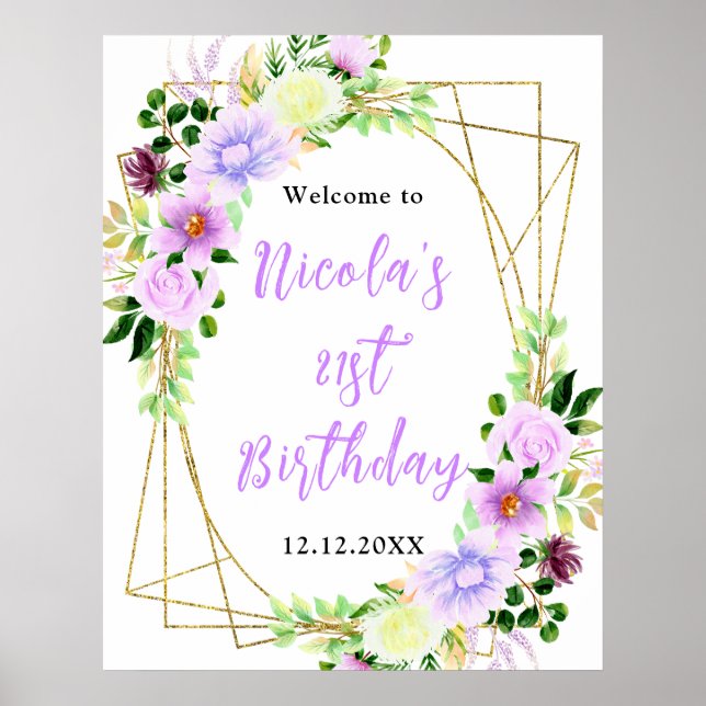 Poster Purple Flowers with Foliage Birthday Welcome (Devant)
