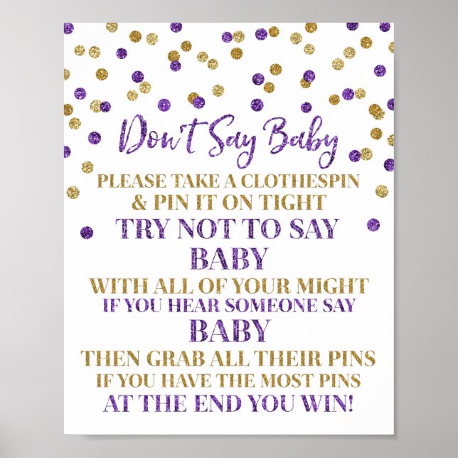 Poster Purple Gold Confetti Ne pas dire Baby Game Sign (Devant)