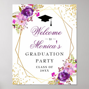 Poster Purple Golden Floral Welcome Graduation Party