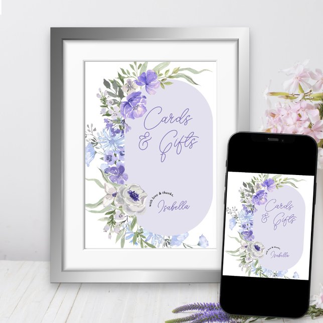 Poster Purple Peri Floral Main Lettré Cartes & Cadeaux (Purple floral party sign available printed or as a download)