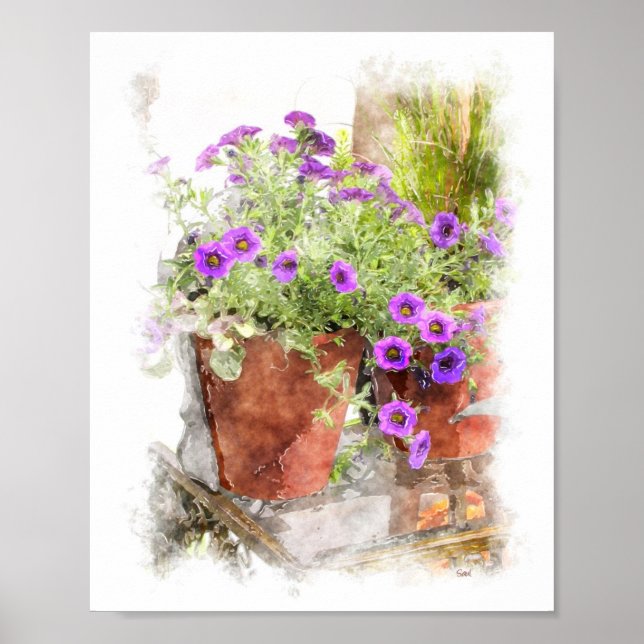 Poster Purple Pétunia Fleurs Aquarelle Peinture Numérique (Devant)