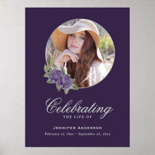 Poster Purple Silver Floral Photo Memorial Funeral Sign