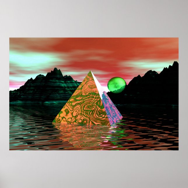 Poster pyramide dans l'eau avec soleil vert (Devant)