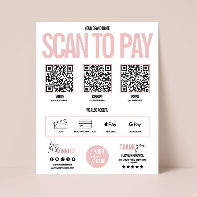 Poster QR Code Scan to Pay Payment Sign Venmo, Cashapp (QR code scan to pay business payment sign, Venmo payment sign)
