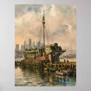 Poster Quai Long Wharf Boston Bateau Peinture Aquarelle V