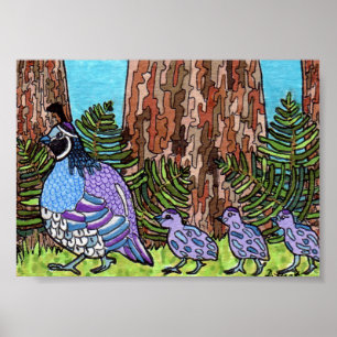 Poster Quail de Californie violette avec bébés Mini Art f
