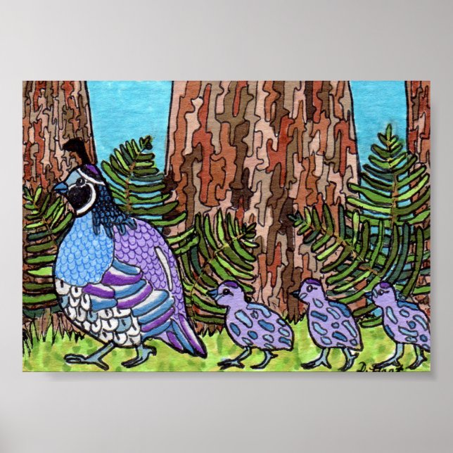 Poster Quail de Californie violette avec bébés Mini Art f (Devant)