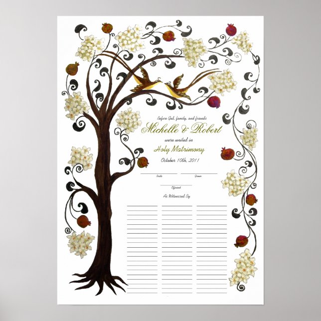 Poster Quaker Mariage, 60 invités -Arbre de Vie, ivoire (Devant)