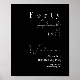 Poster Quarantième Anniversaire Bienvenue Fête Noir et Bl