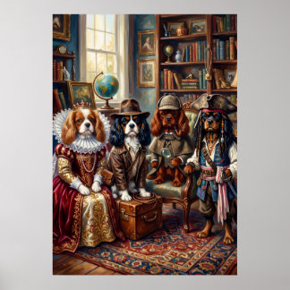 Poster Quatre Cavalier Spaniels Portrait en Costume