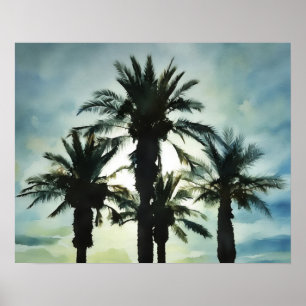 Poster Quatre palmiers tropicaux dans l'aquarelle du ciel