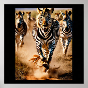 Poster Quatre zèbres courant à travers la savane tandis q