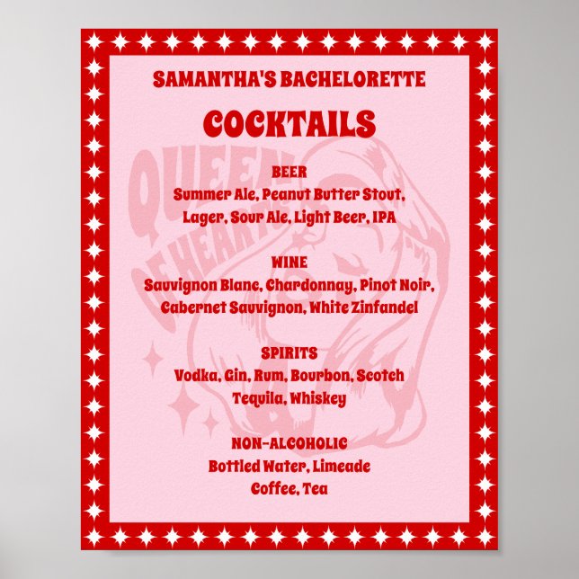 Poster Queen of Hearts Bachelorette Cocktail Menu Sign (Devant)