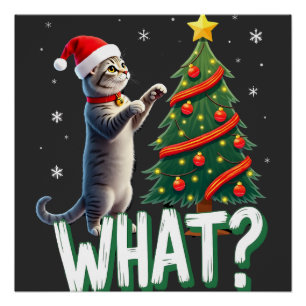 Poster Quel chat drôle poussant l'arbre de Noël par terre