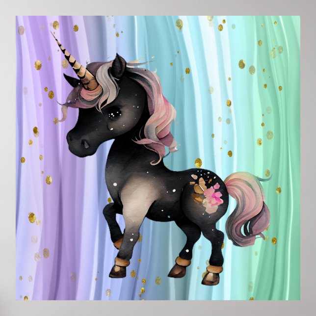 Poster Queue noire Unicorne violette rose (Devant)