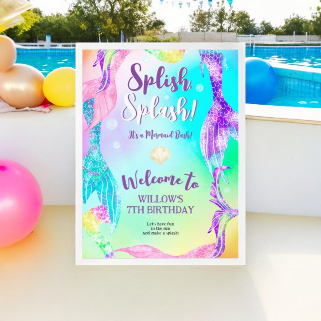 Poster Queues de sirène de plage Anniversaire de enfant b (Beach party mermaid tails Kids birthday welcome Poster)