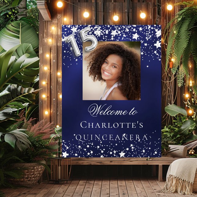 Poster Quinceanera bleu argent étoiles photo bienvenue (Créateur téléchargé)