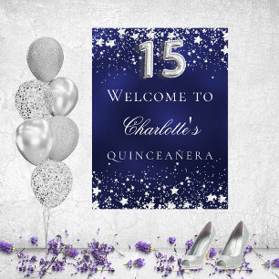 Poster Quinceañera bleu argent stars bienvenue