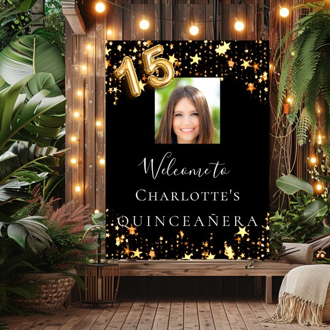 Poster Quinceanera étoiles d'or noir (Créateur téléchargé)