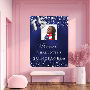 Poster Quinceanera marine bleu argent étoiles photo bienv