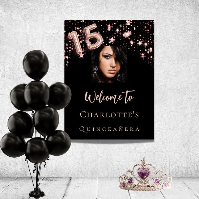 Poster Quinceanera noir rose or photo étoiles bienvenue (Créateur téléchargé)