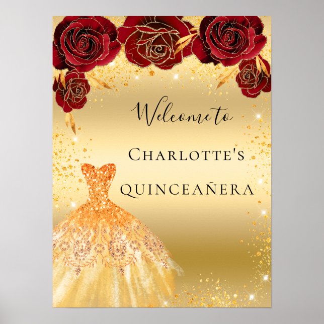 Poster Quinceanera or rouge parties scintillant robe flor (Devant)