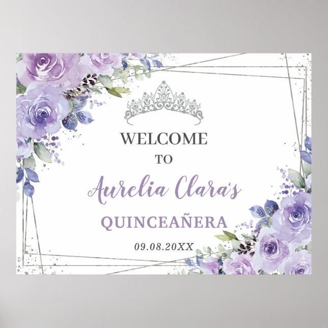 Poster Quinceañera Purple Lilac Floral Papillons Argent (Devant)