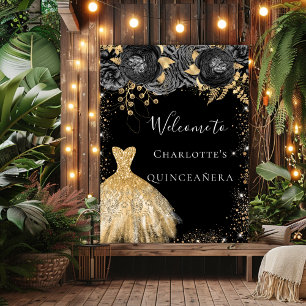 Poster Quinceanera robe noire or accueil fleuri