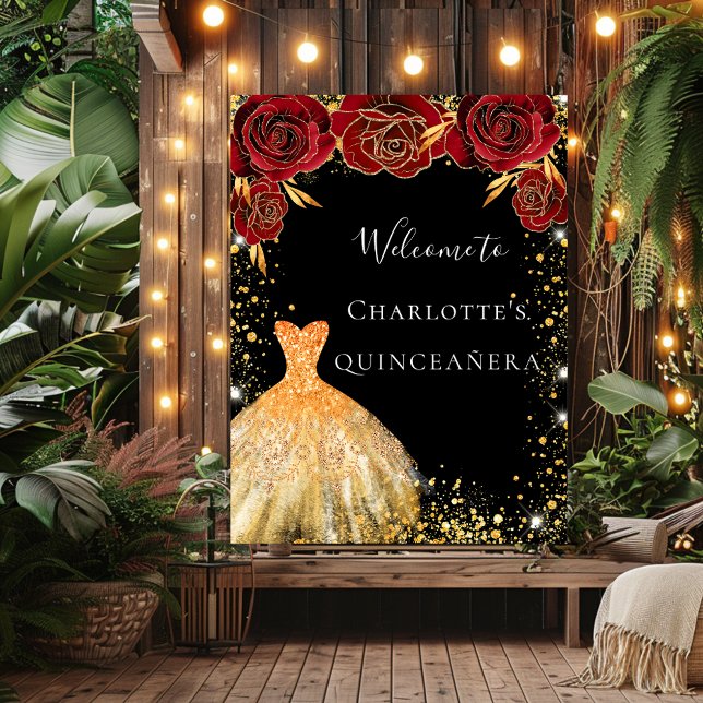 Poster Quinceanera robe or noir rouge fleurs bienvenue (Créateur téléchargé)