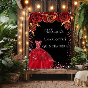 Poster Quinceanera rouge noir fleurs de robe bienvenue