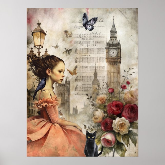 Poster Quirky Victorian Gothic Girl & Florals Londres (Devant)